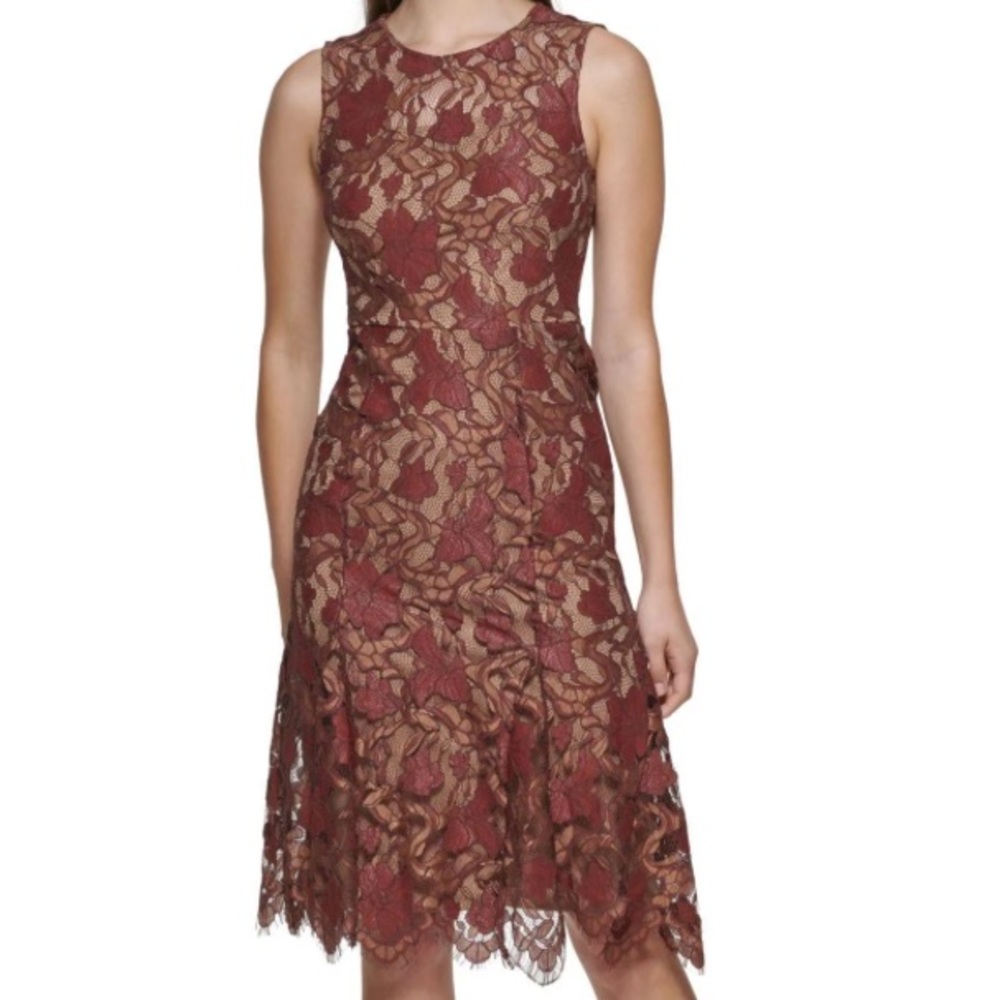 Calvin Klein Womens Brown Fringed Scalloped Hem Lined  Jewel Neck Sheath Dress